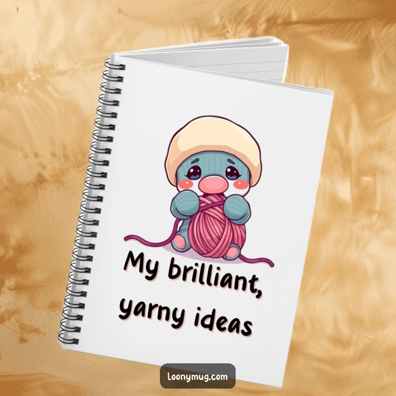Funny notebook cover with a playful sock puppet character aiming to eat a ball of yarn, perfect for creative minds.