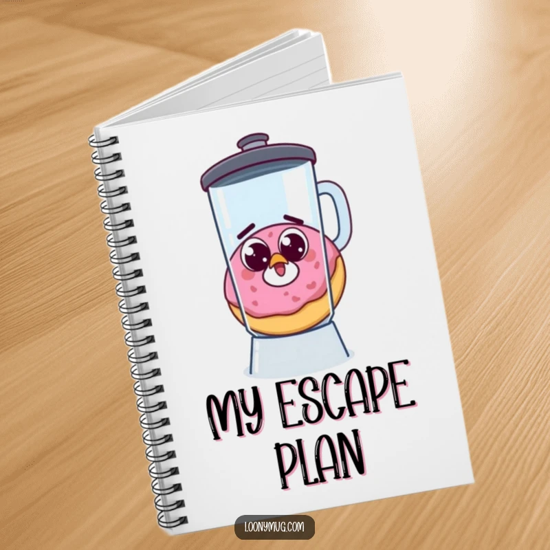 Funny notebook with a startled donut, googly eyes, escaping a blender, perfect for humorous notes and planning.