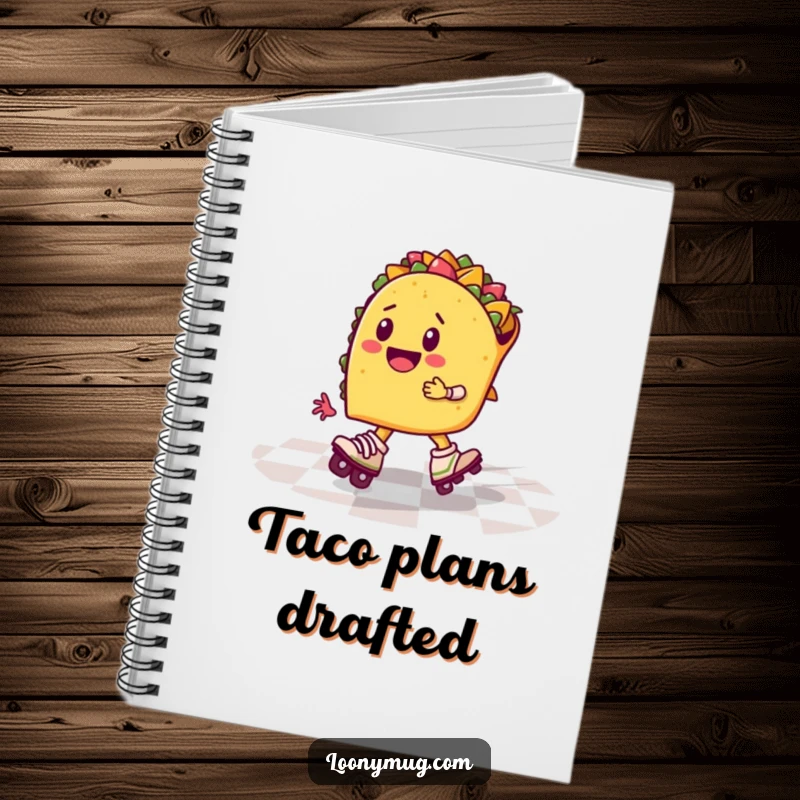 Funny taco on roller skates, zooming across a checkered floor, on a notebook cover, for journaling, humorous.