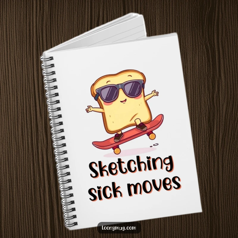 Funny Notebook featuring a slice of toast wearing sunglasses, attempting a skateboard trick, ideal for jotting down cool ideas.
