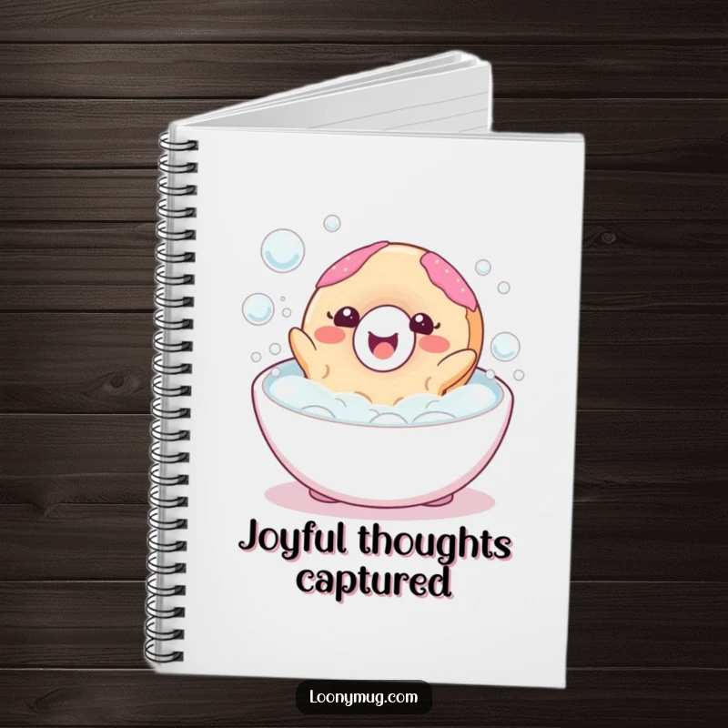 Funny notebook cover with a happy donut character blissfully floating in a bubble bath, inspiring sweet thoughts.