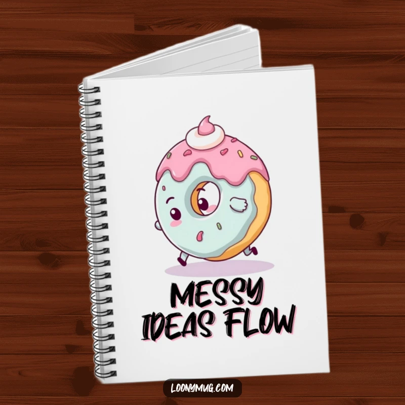 Funny clumsy donut notebook character tripping over its frosting, ideal for jotting down messy thoughts.