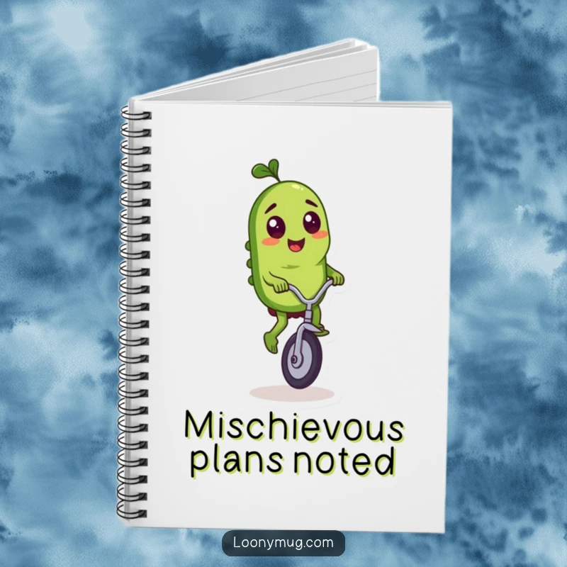 Funny notebook featuring a mischievous pickle character skillfully riding a tiny unicycle with flair.