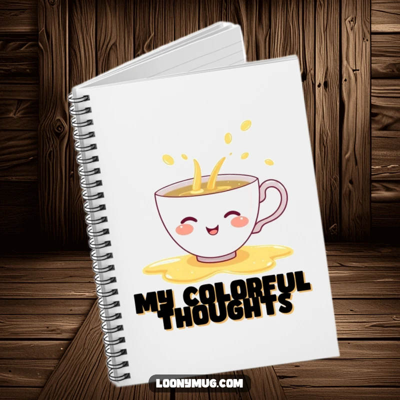 Funny notebook cover featuring a shy teacup giggling and spilling a rainbow of tea, ideal for humorous journaling and note-taking.