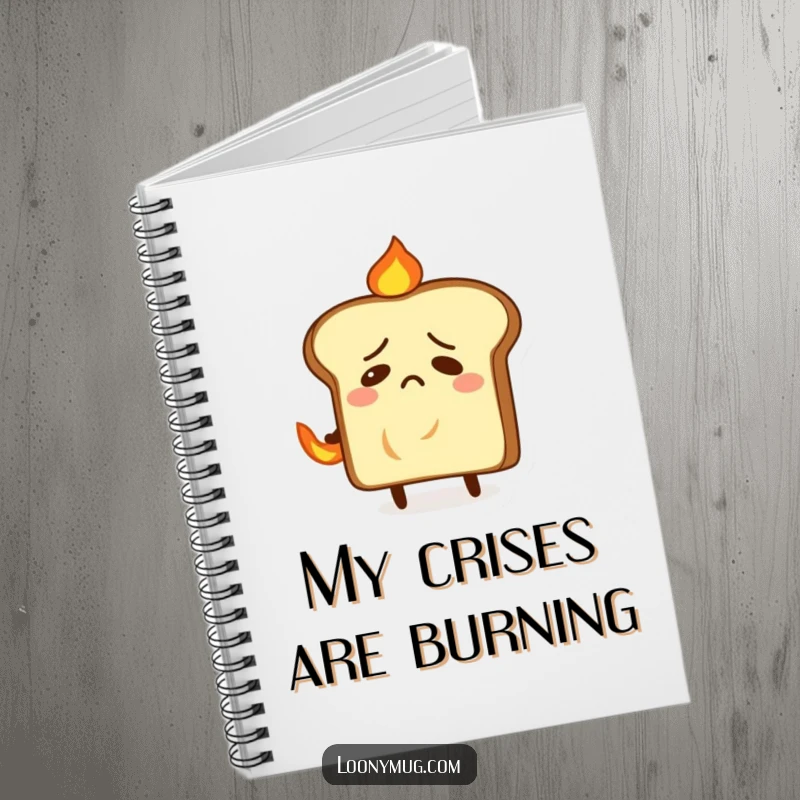 Funny notebook with a nervous slice of toast trying to put out a small fire on its back, for humorous notes.