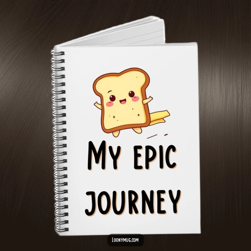 Funny cheerful toast slice riding a runaway butter pat, on the cover of a lined notebook. Great for writing.