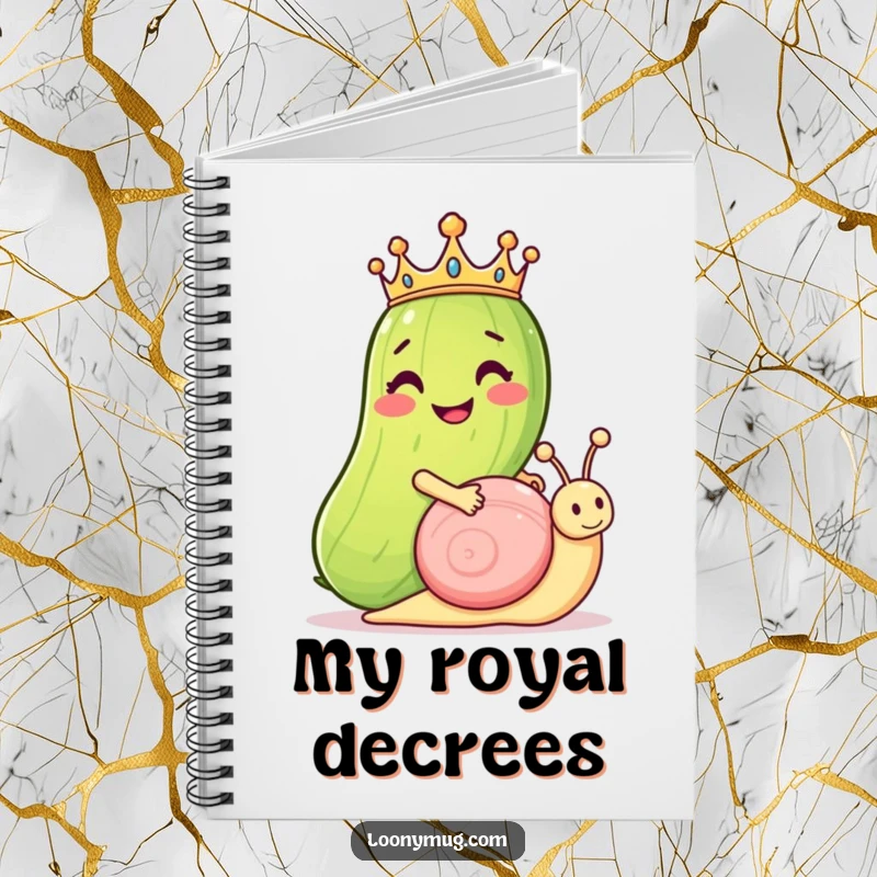 Funny notebook cover: a grinning pickle with a crown rides a snail, adding a humorous and regal element to note-taking.