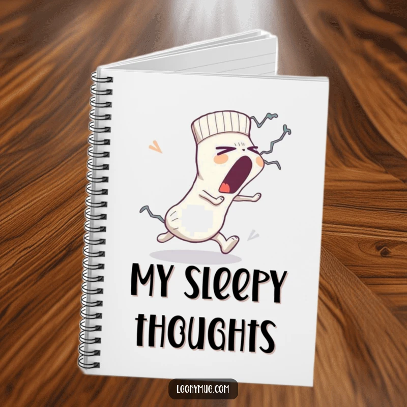 Funny notebook cover: a sleepy sock yawns large while fleeing a lint monster, adding a humorous and energetic element to note-taking.