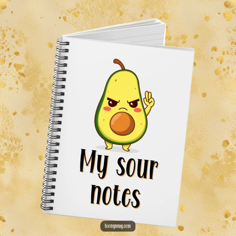Funny notebook with a grumpy avocado character giving a reluctant high-five, for jotting down funny and unenthusiastic notes.