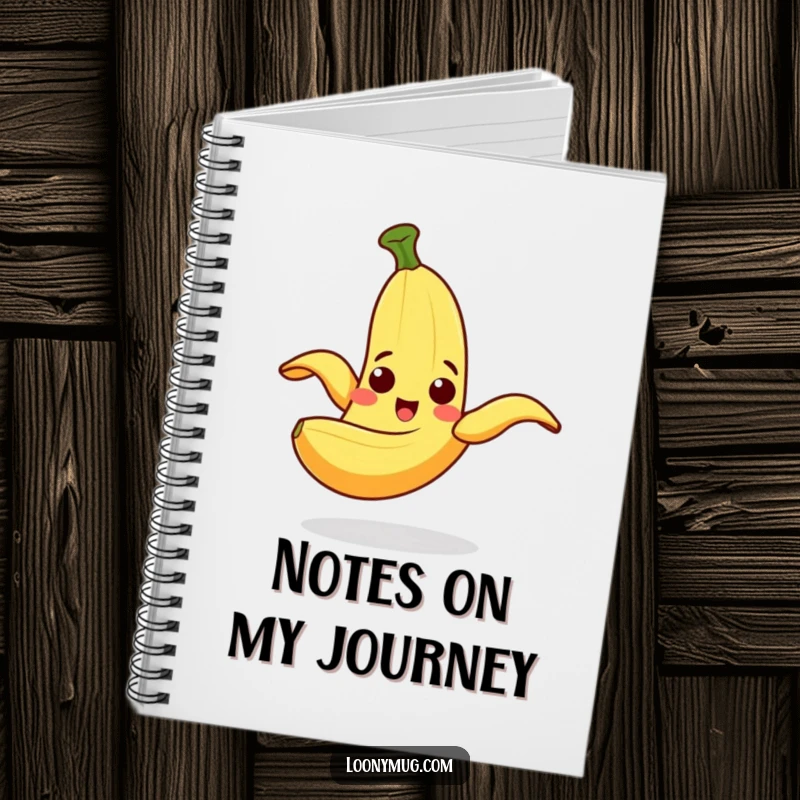 Funny Notebook cover with a cheerful banana peel slipping on itself with a surprised expression, perfect for notes.