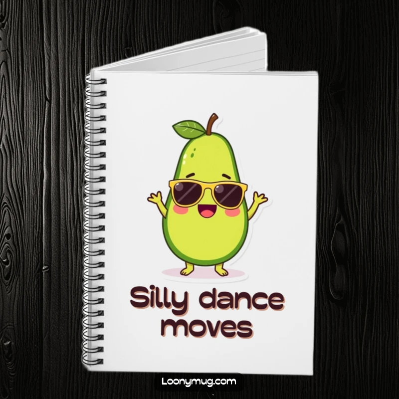 Funny notebook cover with a cute avocado character wearing sunglasses and dancing energetically, inspiring creativity.