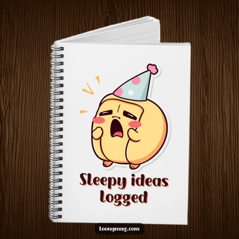 Funny notebook featuring a sleepy hot dog character yawning widely while wearing a tiny party hat.