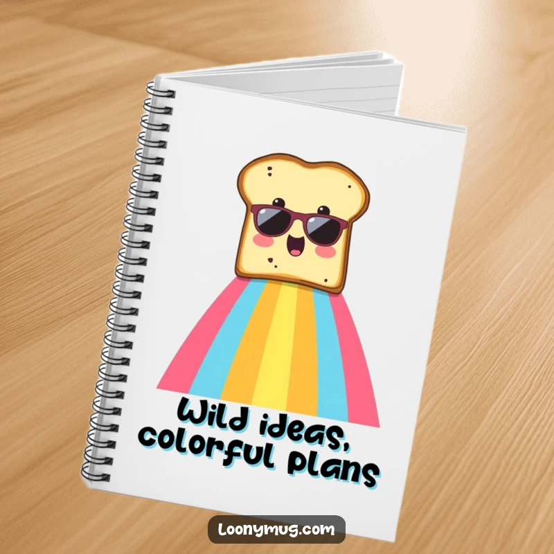 Funny notebook cover featuring a surprised slice of toast wearing sunglasses sliding down a rainbow.