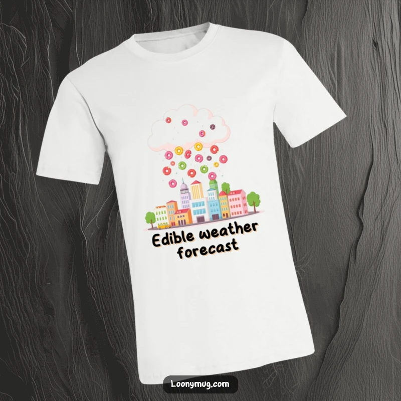 Funny t-shirt featuring a fluffy cloud raining colorful donuts onto a tiny cityscape, a delightful and humorous wearable art piece.