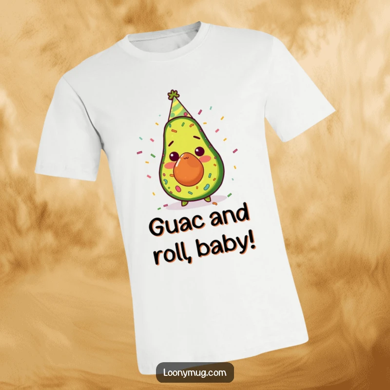 Funny surprised avocado in party hat, showered in confetti, wearing a t-shirt, expressing shock and joy, ideal for gifting.