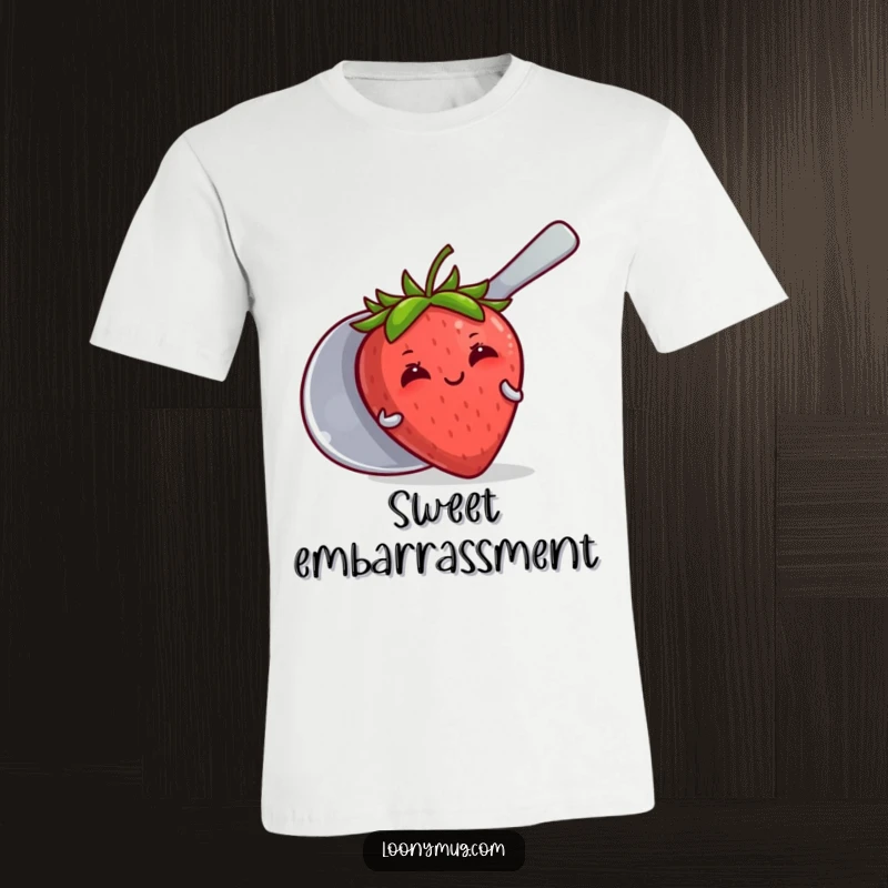 Funny t-shirt featuring a blushing strawberry attempting to conceal itself behind an oversized spoon, a display of adorable shyness.