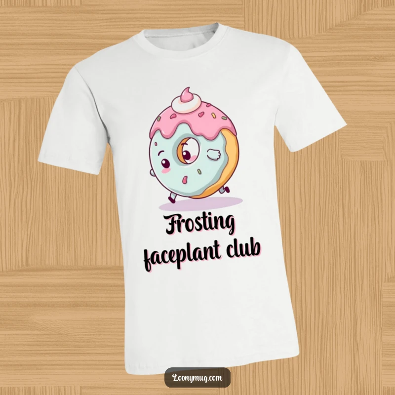 Funny clumsy donut t-shirt character tripping over its own frosting, a humorous and relatable graphic.