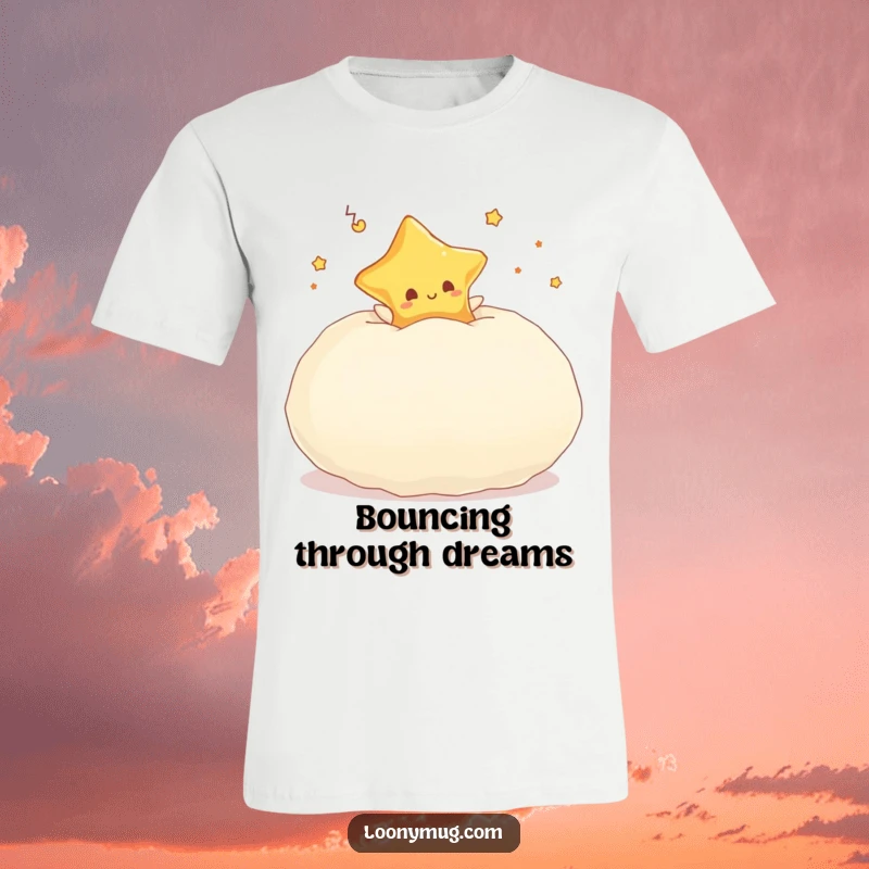 Funny t-shirt with a dreaming star character energetically bouncing on a huge, soft, fluffy pillow.