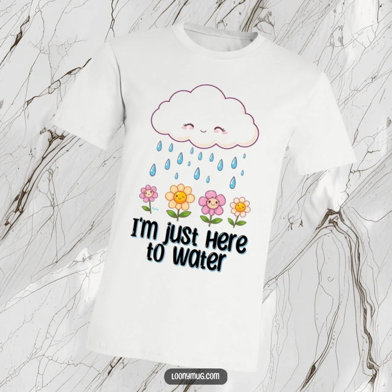 Funny t-shirt depicting a fluffy cloud raining smiling raindrops onto vibrant, happy flowers, exuding a cheerful and optimistic vibe.