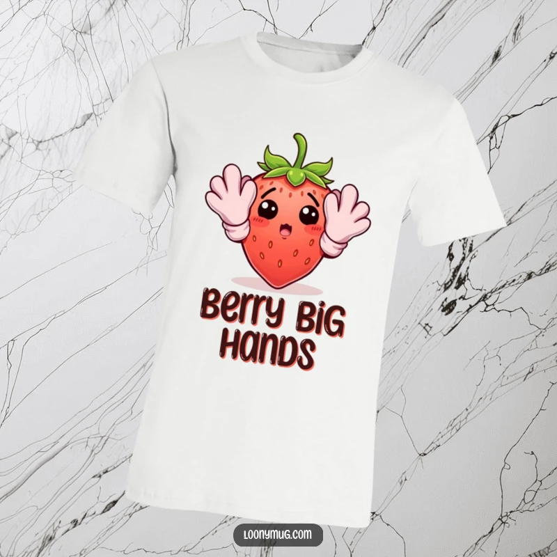 Funny strawberry character in oversized gardening gloves, looking surprised, printed on a comfortable t-shirt.