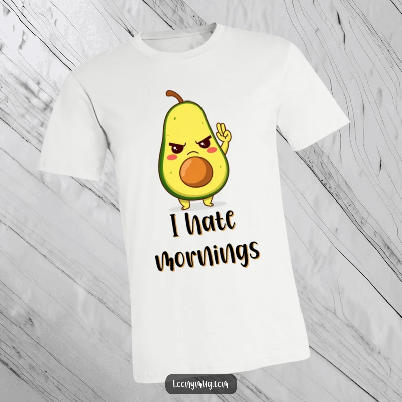 Funny t-shirt featuring a grumpy avocado character giving a very reluctant high-five, symbolizing mild social exhaustion.