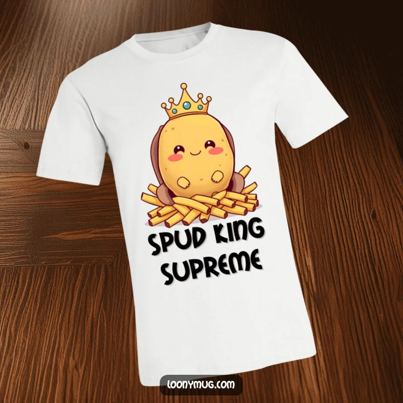Funny t-shirt featuring a proud potato wearing a tiny crown and sitting on a throne of french fries, celebrating starchy royalty.