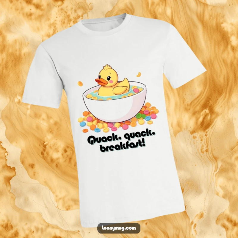 Funny rubber duck swimming in a big bowl of cereal, wearing a t-shirt, quirky and humorous design, ideal present.