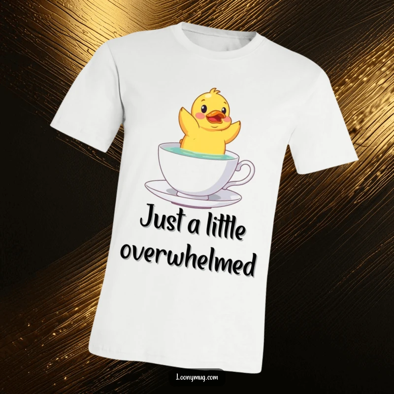Funny rubber duck unexpectedly upside down in a teacup, printed on a soft and humorous t-shirt.
