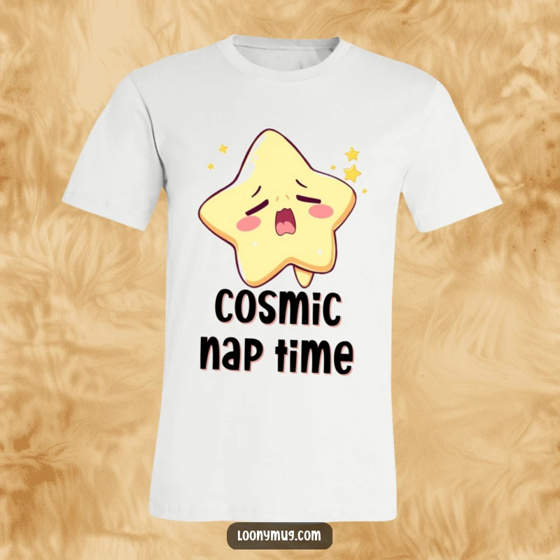 Funny sleepy star t-shirt character yawning widely, struggling to twinkle, a humorous take on cosmic fatigue.