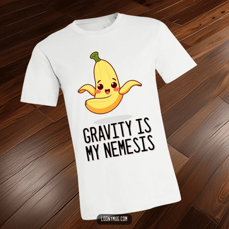 Funny T-Shirt depicting a cheerful banana peel comically slipping on itself, a surprised expression captured perfectly.