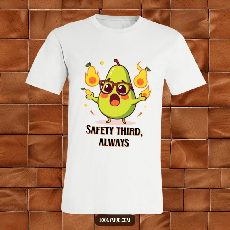 Funny t-shirt with a surprised avocado wearing glasses, juggling flaming pears, ideal for a humorous and witty gift.