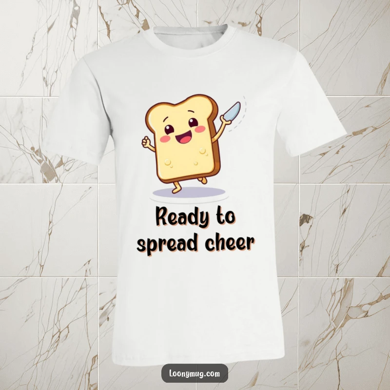 Funny t-shirt illustration of a happy dancing piece of toast holding a butter knife aloft, caught mid-boogie with a wide grin.