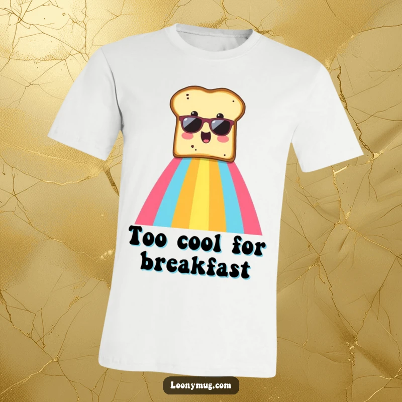 Funny t-shirt featuring a surprised slice of toast in sunglasses joyfully sliding down a colorful rainbow.