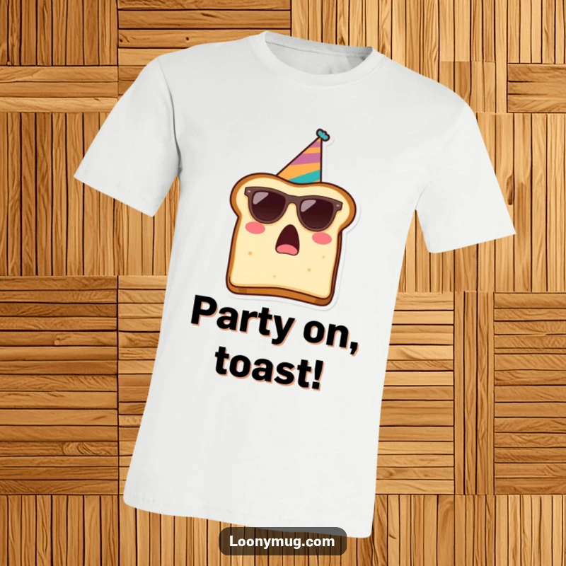 Funny t-shirt with a surprised slice of toast wearing sunglasses and a party hat, embodying pure, hilarious party spirit.