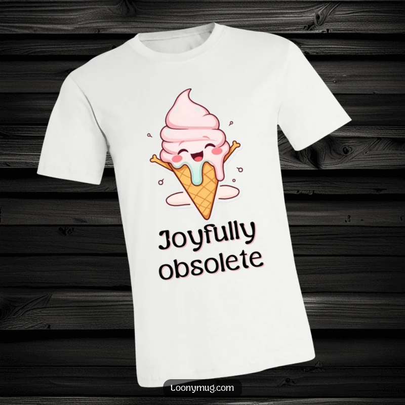 Funny ice cream cone t-shirt character melting dramatically with overwhelming joy, a hilarious wearable statement.