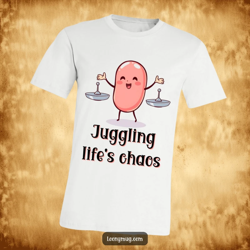 Funny t-shirt depicting a wobbly jelly bean attempting to juggle three spinning plates, representing life's busy and humorous challenges.