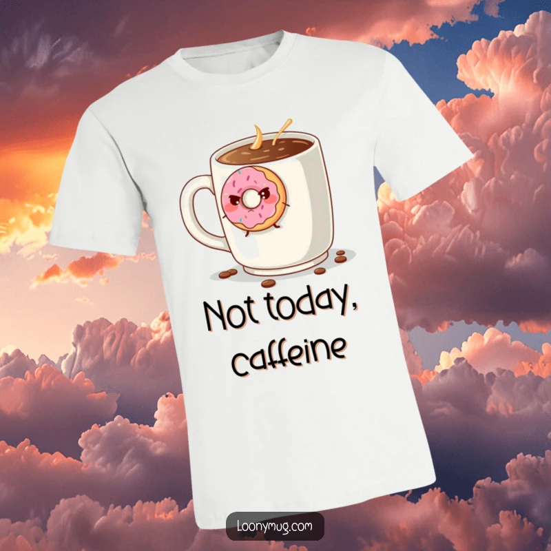 Funny grumpy donut trying to escape a giant coffee mug, printed on a comfortable T-shirt. A humorous statement for any donut lover.