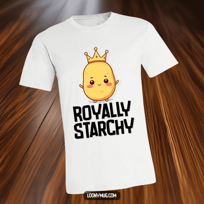 Funny t-shirt design of a proud potato wearing a small, crooked crown, looking regally humorous.