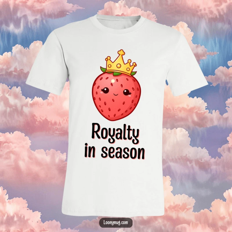 Funny t-shirt depicting a plump strawberry wearing a tiny crown, exuding an imperious and regal attitude.