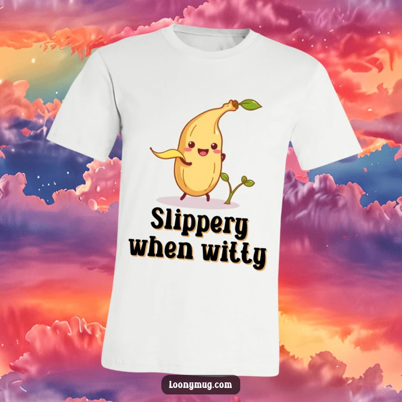 Funny t-shirt depicting a wily banana peel attempting to trip a cheerful potato sprout, embodying pure cartoonish mischief.