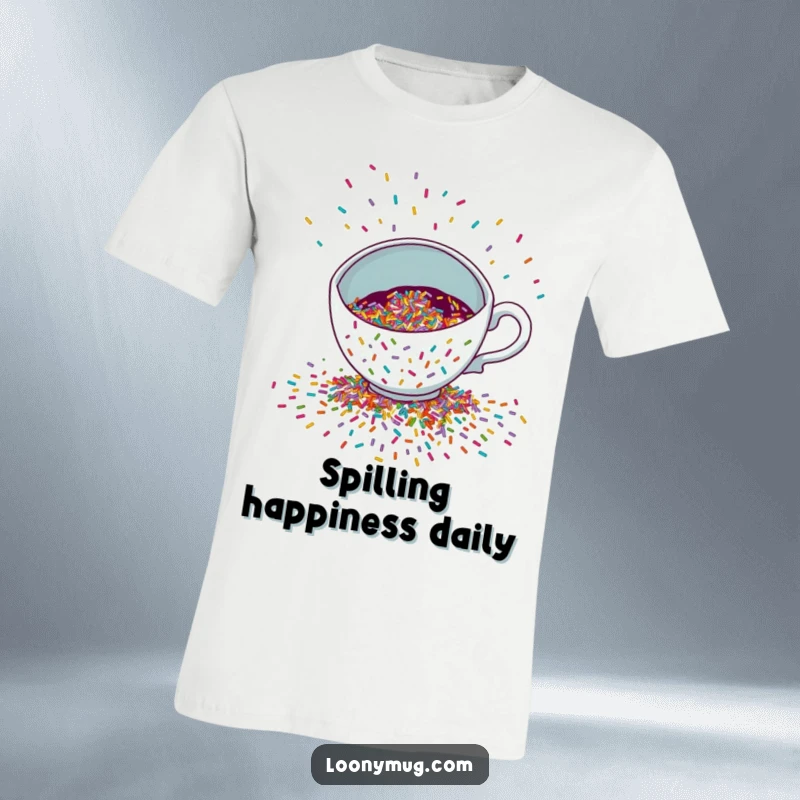 Funny T-Shirt depicting a mischievous teacup spilling a colorful cascade of sprinkles, embodying a joyful, messy celebration.