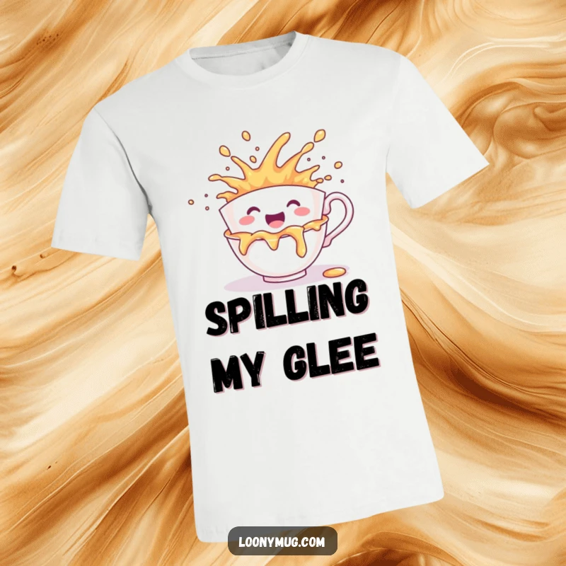 Funny t-shirt depicting a cheerful teacup character in a joyous, messy explosion of its contents.