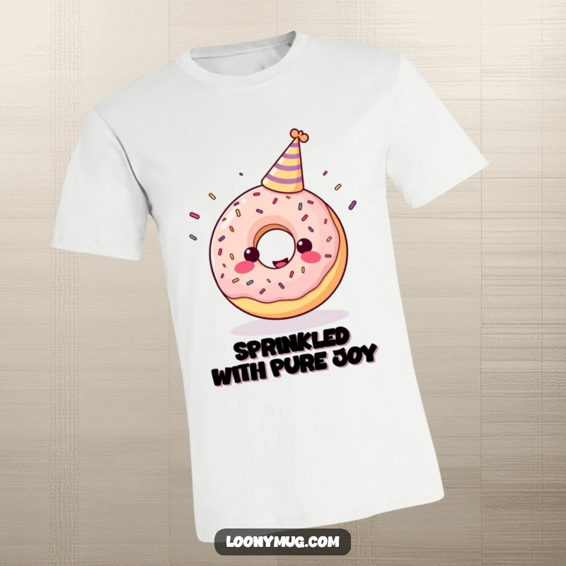 Funny t-shirt featuring a cheerful donut wearing a party hat, joyfully juggling sprinkles.
