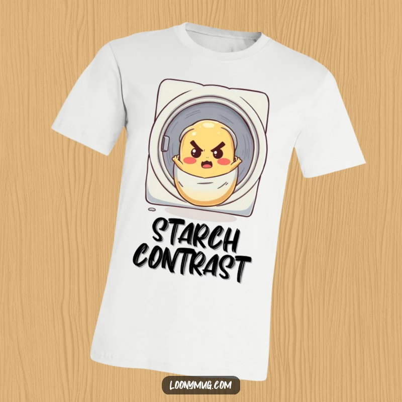 Funny t-shirt with a determined potato rolling down a laundry chute, showcasing a bold expression, perfect for humor lovers.