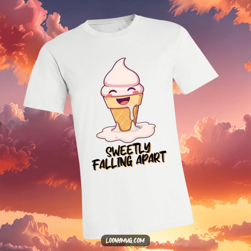 Funny ice cream cone melting comically into a puddle of joy, printed on a comfortable t-shirt.