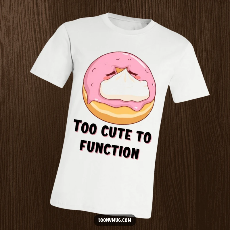 Funny t-shirt depicting a cute, sleepy donut embracing a small whipped cream pillow, ideal for comfy and humorous wear.