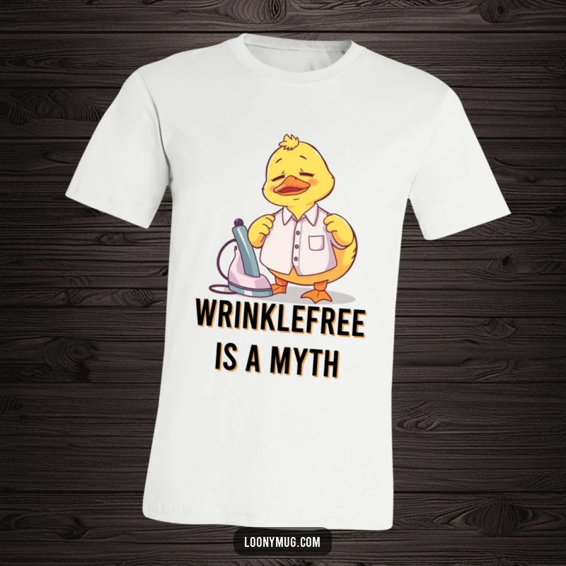 Funny T-Shirt depicting a confused rubber duck attempting to iron a tiny shirt, capturing domestic struggles humorously.