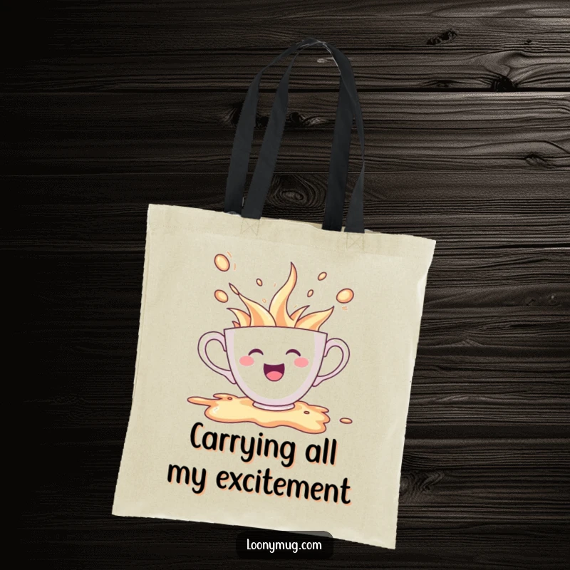 Funny tote bag showing a cheerful teacup character joyfully spilling its contents, perfect for carrying your excitement.