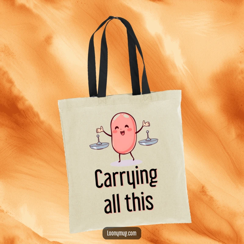 Funny tote bag showcasing a wobbly jelly bean attempting to juggle three spinning plates, perfect for carrying items with a humorous message.