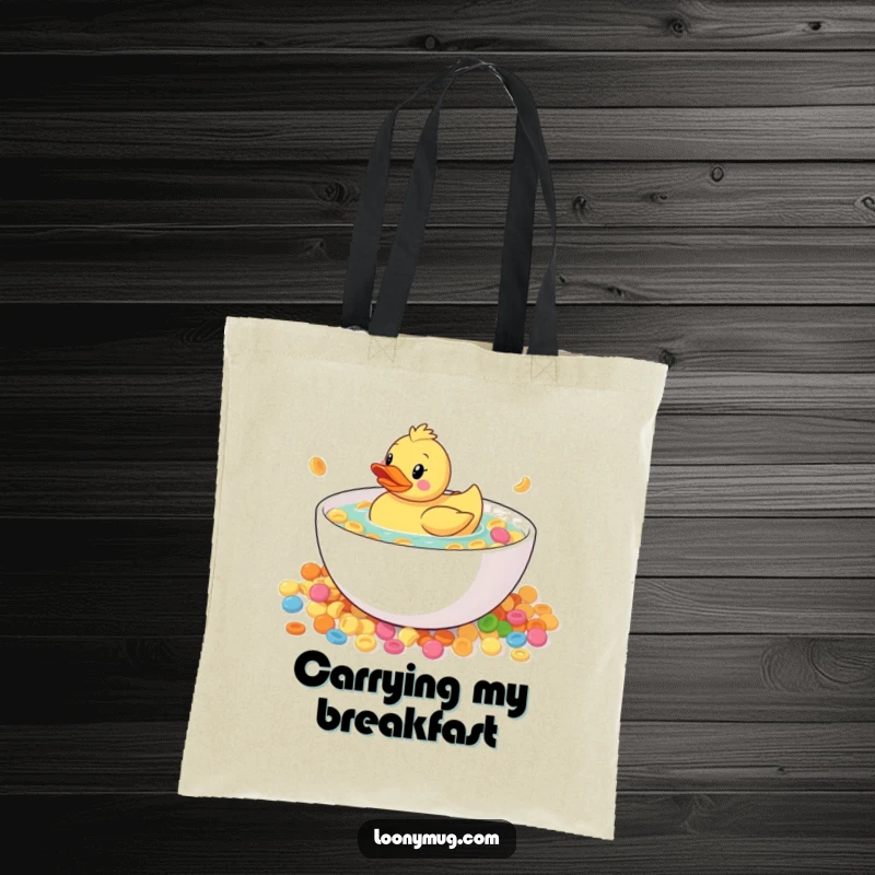 Funny rubber duck in a huge bowl of cereal, printed on a tote bag, practical and humorous, excellent present.